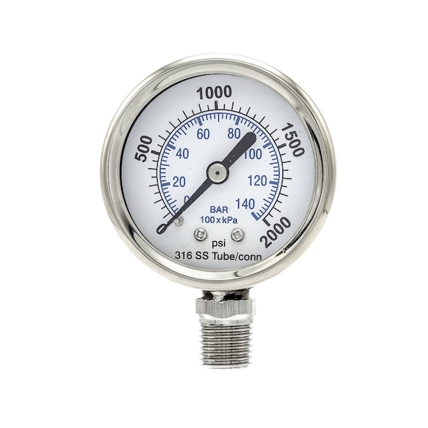 Pro 2 in Dial, 0/2000 PSI & Bar, 1/4 in NPT, Lower Mount Dry/Fillable Pressure Gauge PRO-301D-204O-01 - main